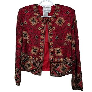 Vintage Papell Boutique Petite Small Evening Beaded Silk Jacket Old Money Retro